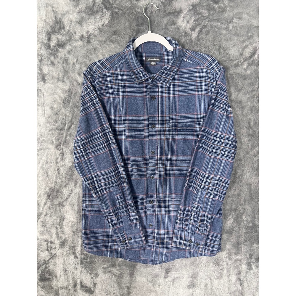 Eddie Bauer Mens Blue Plaid Flannel Button Down Shirt Medium Long Sleeve